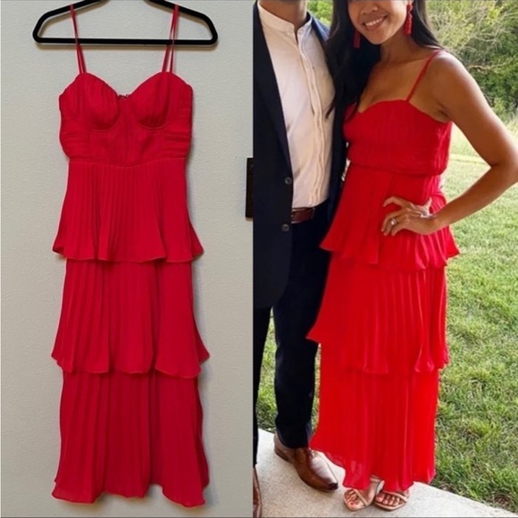 For Love & Lemons Red cascading tiered- Bustier Pleated Chiffon Midi Dress - Picture 7 of 11